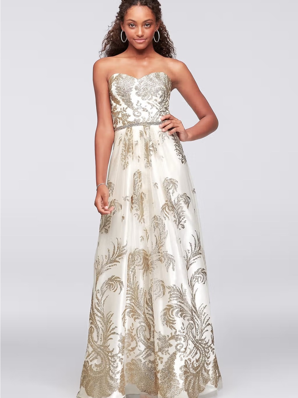 Cachet Strapless Ivory and Gold Glitter Brocade Evening Gown
